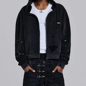 Sun Faded Waffle Lined <b>Zip</b> Hoodie Oversized Fit Heavyweight Cotton French Terry Distressed Casual Hoodies - Product Image 4