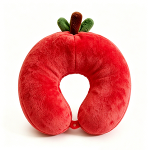Almohada de viaje personalizada de tomate rojo suave y esponjoso con cuello en U, tallo y hojas, diseño de tomate de dibujos animados con expresión sorprendida de ojos grandes. - Product Image 2