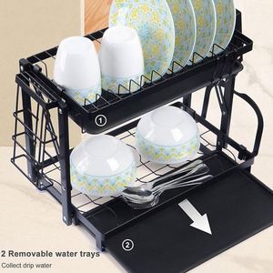 Égouttoir à vaisselle pliable à 2 niveaux avec plateau de drainage, organisateur de cuisine rétractable et support de rangement - Product Image 4