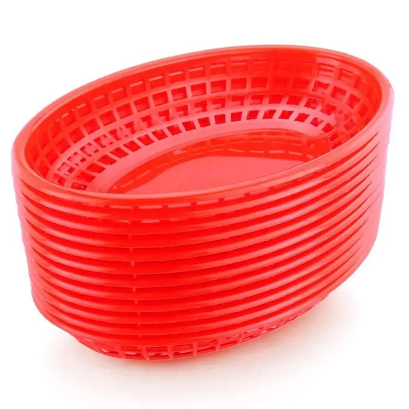 バーベキュー、ピクニック、パーティー用の赤いプラスチック製の楕円形のフードバーガーバスケットレストランフードトレイバスケット