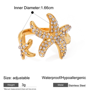 Anneaux de mode délicats en acier inoxydable ouvert imperméable, couleur or, étoile de mer, coquille, conque - Product Image 4