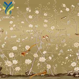 Elegante stile cineserie parete murale <span class=keywords><strong>carta</strong></span> <span class=keywords><strong>da</strong></span> <span class=keywords><strong>parati</strong></span> di lusso uccello e fiore Design con lamina d'oro argento UV stampa o ricamo - Product Image 1