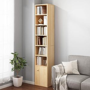 Estantería alta y estrecha para esquina, mueble de almacenamiento independiente para espacios reducidos con 7 estantes abiertos y puerta, torre de estantería de roble con diseño de cubo - Product Image 1