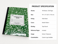 Carnet de composition B5 marbré avec logo personnalisé, reliure cousue, lignage large, 200 pages (100 feuilles), vente en gros pour l'école