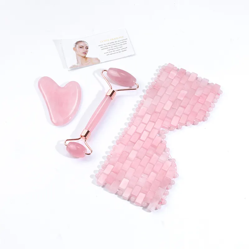 Masker Mata Rose Quartz Set Natural Rose Jade Roller dan Pemijat Gua Sha Grosir Masker Mata Kristal dan Roller Giok Set Gua Sha