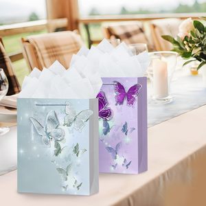 Sac cadeau <span class=keywords><strong>moyen</strong></span> pour filles et femmes, sacs en papier de luxe avec poignées, papier de soie, papillons colorés, sac d'anniversaire, sac de fête de mariage - Product Image 4