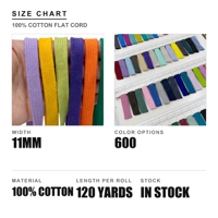 Cordon en coton plat de 11 mm, 600 couleurs, multicolore, embouts en plastique lisses, en stock, vente en gros, fournisseur d'usine sur mesure