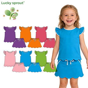 Preorder Wholesale Children Flutter Sleeves Shirt Scallop <strong>Skirt</strong> with Shorts Toddler Kids Girl Yoga Set Summer Outfit - Product Image 1