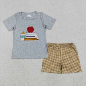 ชุดเสื้อผ้าขาสั้นสำหรับเด็กชายวัยหัดเดินปักลายแอปเปิ้ลสีน้ำเงินเข้มสไตล์บูติคสำหรับฤดูร้อน - Product Image 4