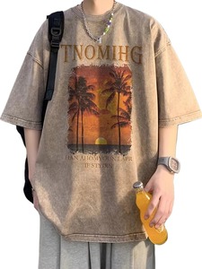 工場直送 210g ヴィンテージウォッシュ加工 Oネック メンズTシャツ ココナッツツリー柄 熱転写プリント ゆったりとした通気性のあるコットン半袖 - Product Image 2