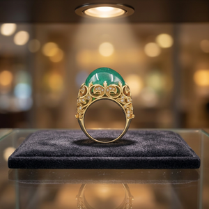 Impresionante Anillo de Cóctel con Cabujón de Jade Esmeralda y Diamantes, con Diamantes de Corte Redondo Engastados en Pavé, Producto Único - Product Image 3