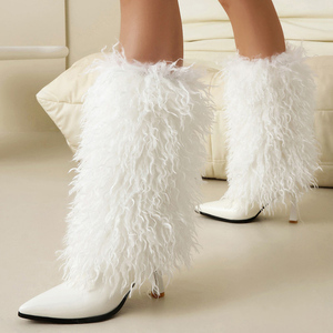 Large Size 46 Women High Heels Plush Fur Long <b>Booties</b> on Fluffy Knee High Boots Winter Furry Snow 3 Different Height Shoes - Product Image 3