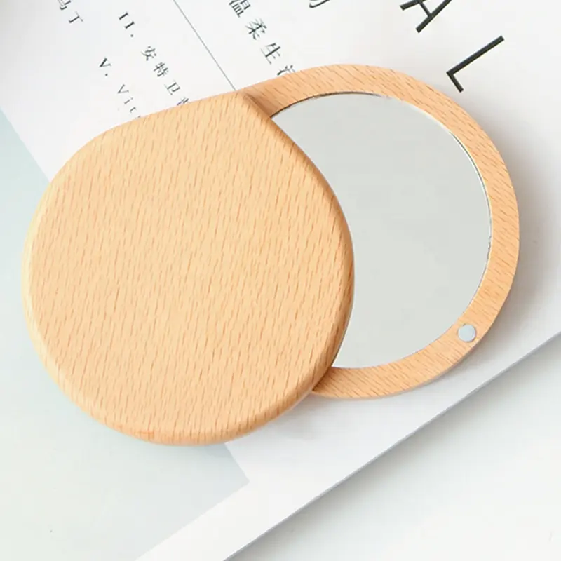 Оптовая продажа, индивидуальный логотип, круглые деревянные индивидуальные круглые мини Ручные карманные ручные зеркала для макияжа