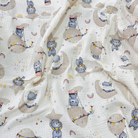 Tela de Gasa Arrugada de Doble Capa 100% Algodón 40S, Tela Suave con Estampado de Osito de Peluche, Transpirable, para Ropa de Bebé