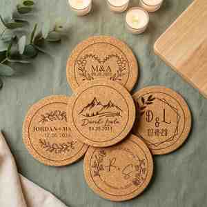 Personalized Cork <b>Coasters</b>, Custom Engraved Rustic <b>Drink</b> <b>Coasters</b>, Wedding Favors, Housewarming Gift, Reception Table Decor - Product Image 1