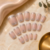 Faux ongles à presser personnalisés, courts, carrés, style French, avec paillettes argentées, rose nude, gel brillant, ABS, effet ombré, vente en gros OEM