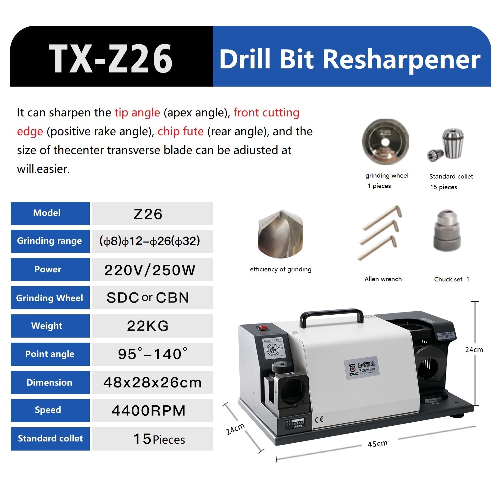 TXMC TX-Z26 Drill Bit Sharpener - Easy Operation & High Speed