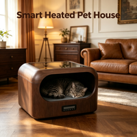 Maison intelligente pour animaux de compagnie avec circulation d'eau, refroidissement et chauffage, panneau tactile LED, grain de noyer, lit pour chien et chat
