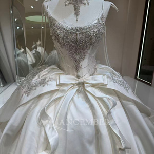 Dw0231 <b>Romantic</b> Spaghetti Strap Crystal Beaded Bodice Bow Center Embroidery Ivory Satin Ball Gown Wedding <b>Dress</b> Jancember - Product Image 5