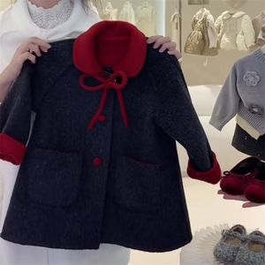 Child Star Circle Girls Wool Coat Mid Length Thick Winter With Peter Pan Collar Red Trim - Product Image 2