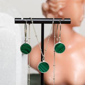 Malachite Jewelry Set Sterling <b>Silver</b> Circle Pendant Necklace Matching <b>Dangle</b> <b>Earrings</b> Gift For Women - Product Image 3