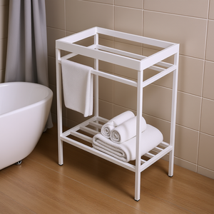 Estante de baño independiente de hierro blanco de 24 pulgadas, de 2 niveles, diseño minimalista, para toallas y artículos esenciales de baño - Product Image 2