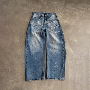 Custom Casual Streetwear Ink Printing Crystal Rhinestone <b>Jeans</b> Pants Designer Denim <b>Jeans</b> For <b>Men</b> Blue Sun Faded Denim Pants - Product Image 1