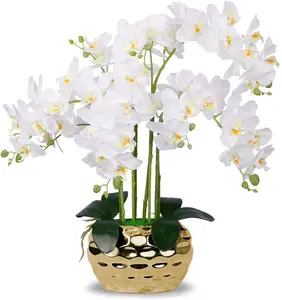 Orquídea artificial em vaso de ouro, branco, orquídea falsa, planta em vaso de ouro, arranjo de flores brancas
