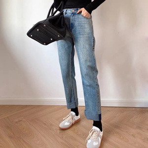 Jeans vintage bleu à fermeture éclair latérale 2025, jeans en denim <span class=keywords><strong>coupe</strong></span> droite, taille basse, <span class=keywords><strong>coupe</strong></span> <span class=keywords><strong>bootcut</strong></span>, jeans pour femmes - Product Image 3