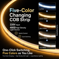 Bande lumineuse LED COB à cinq couleurs AC220V 480D, haute densité, sans points, flexible, avec prise et driver, pour une utilisation domestique et commerciale