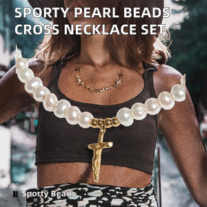 Collier avec pendentif croix en perles, chaîne de type choker dorée pour femmes, cadeau de fête - Product Image 2