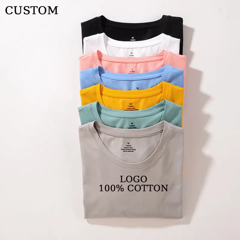 Camiseta con estampado de logotipo personalizado para hombre y mujer, camisa con estampado liso en blanco, colorido, elegante, 100% algodón, tamaño grande, OEM
