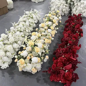 KE-FR048 Wholesale Artificial Flower Runner Wedding Table Floral Runners White Rose Flower Aisle Runner For Event Decoration