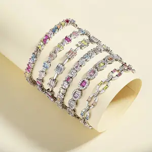 Dylam Eternity Band Bracelet coloré en argent sterling S925 Ensemble de bijoux Zircon cubique Pierre rose Diamant Bracelets de tennis Femmes