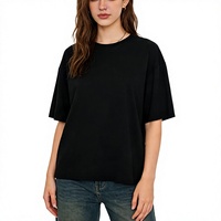 Camiseta Negra Lisa de Cuello Redondo para Mujer, Talla Grande, Manga Regular, Tejido Jersey, Estilo Casual, Ecológica