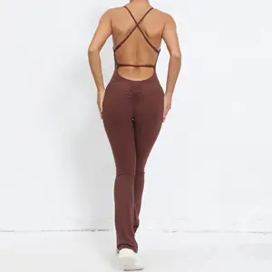 2024 New Solid Color Gym Wear Women's Sexy Back Jumpsuits One pieces Jumper Bootleg Pants Dancing Bodysuits Workout Clothing