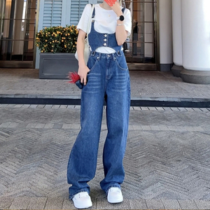 Pantalon en denim de coton bleu personnalisé-Loose Casual High Regular Leg Stretch pour les femmes <span class=keywords><strong>Baggy</strong></span> Wide Straight <span class=keywords><strong>Slim</strong></span> Fit Overalls Mid - Product Image 1