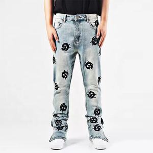 सभी मौसमों के लिए हिप हॉप कढ़ाई ठोस रंग लाइट वॉश स्टैक डेनिम स्टैक डेनिम पैंट - Product Image 4