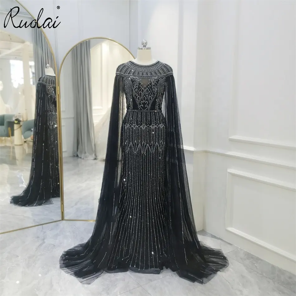 Ruolai LWC8133 O-neckline Modest Long Floor Length Sleeves Black Evening Dress A-line Beaded Prom Dresses for Women