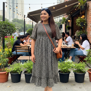 Vestido Maxi con Estampado Geométrico, Manga Abullonada, Cuello Redondo, Corte Holgado, Cintura Elástica, Tejido Transpirable, para Uso Diario Informal de Verano - Product Image 1