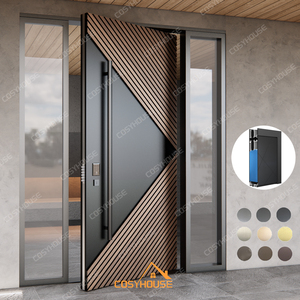 Porte d'entrée moderne en aluminium moulé imitation bois avec deux panneaux latéraux fixes pour entrée de villa - Product Image 4