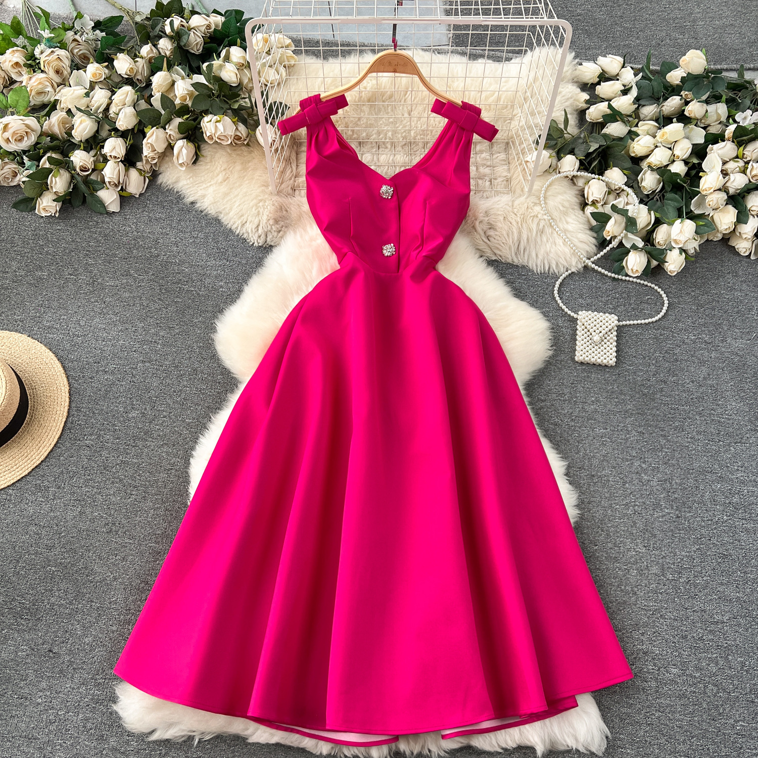 Latest Design Hepburn Fashion Trendy Bow Diamond V-neck Vestidos Women Elegant  Summer Casual Dresses| Alibaba.com