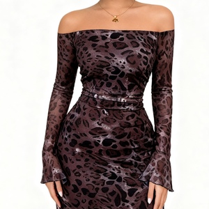 Nouvelles robes élégantes vintage pour femmes, à épaules dénudées, à manches longues, en maille, à imprimé léopard, tendance - Product Image 5