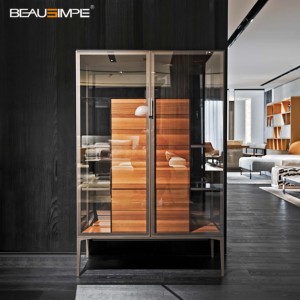 Armoire bar minimaliste <span class=keywords><strong>Alambra</strong></span>, finition bronze antique et bois naturel, personnalisable pour villas de luxe et salons d’hôtels - Product Image 1