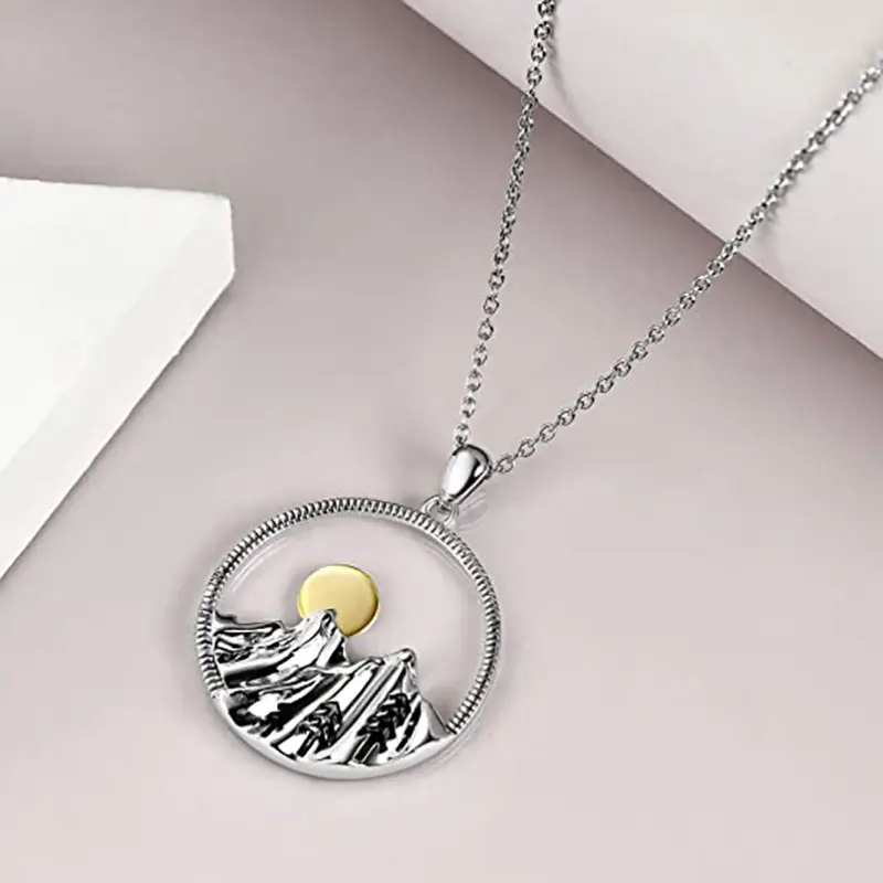 Unieke Natuur Sieraden 925 Sterling Zilveren Vrouwen Zonsopgang Zon Boom Bergketen Ketting