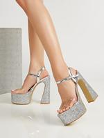 Sandales à plateforme transparentes tendance OEM ODM, finition scintillante, talons épais ultra-hauts, talons imperméables pour événements spéciaux et galas