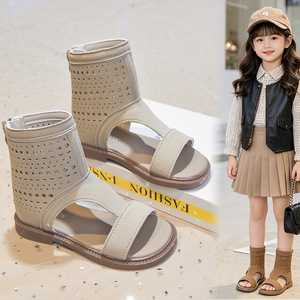 Meisjes Romeinse sandalen 2026 zomer nieuwe mode open teen zachte zool antislip holle kindersandalen hoge schacht klittenbandsluiting ademend - Product Image 3