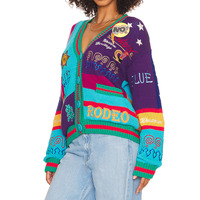 Cardigan en tricot jacquard brodé sur mesure avec poches boutonnées et patchs style Wild West pour femme