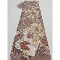 Dentelle noire française perlée avec des fleurs 3D en sequins, tissu en dentelle perlée pour les fêtes et les mariages