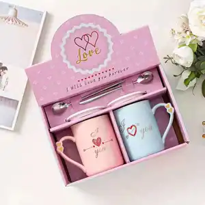 2021 High quality New design Customized Pink lovely Ceramic Mug coffee Cup with Lid and Spoon